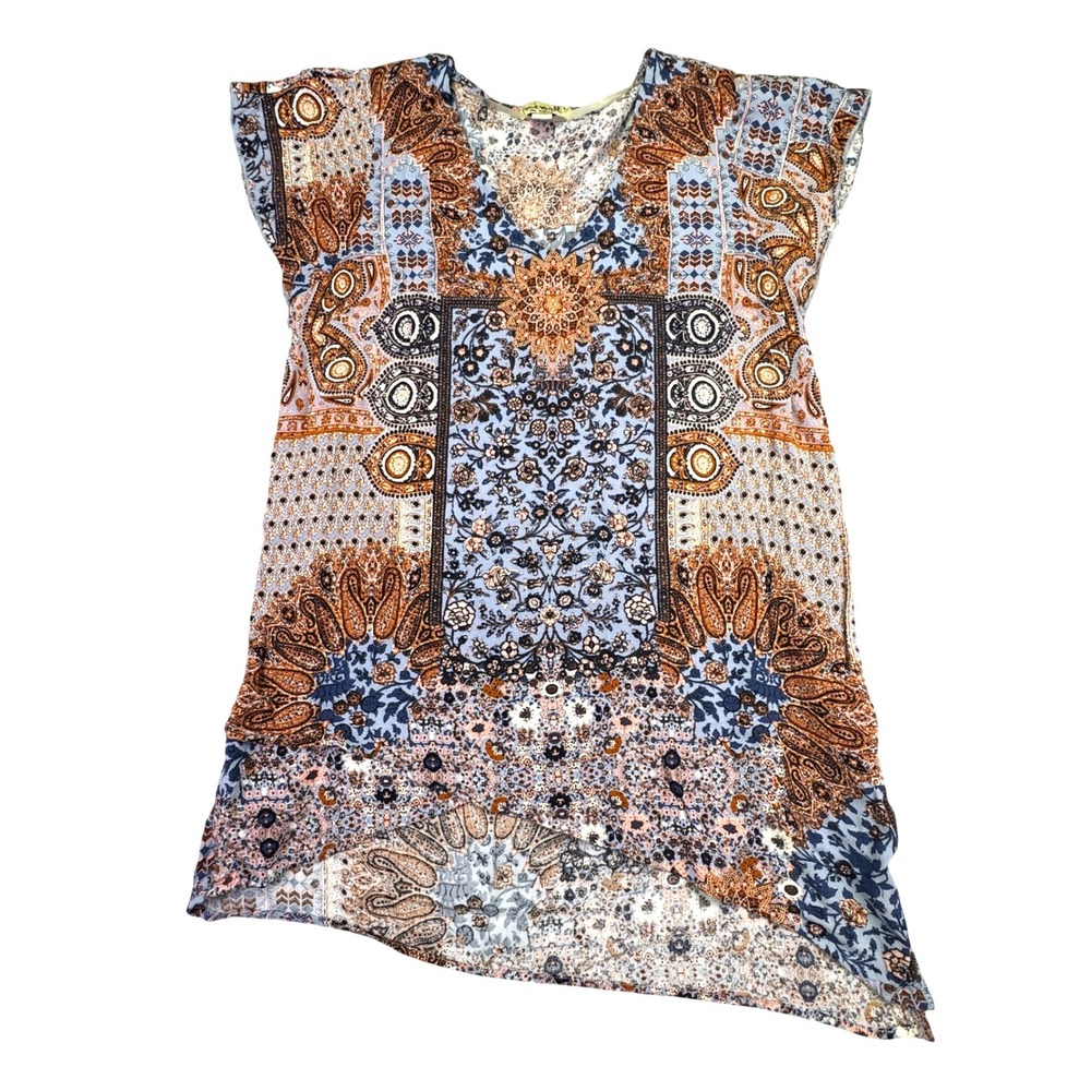 One World Shirt Womens Large Paisley Western‎ Short Sleeve Blue Orange V-Neck